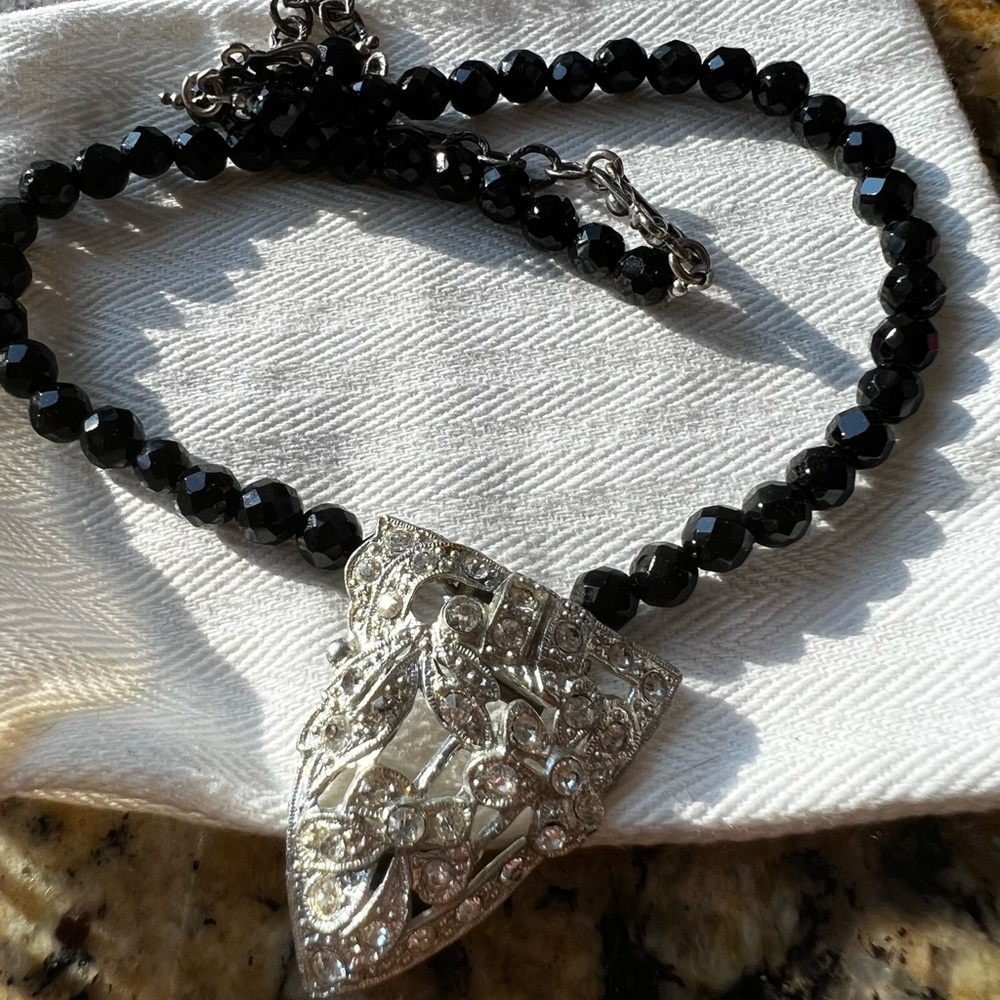Silver Pendant Black Bead Costume Necklace